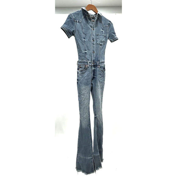 SER.O.YA Womens Size Small Blue Fallon Denim Flare Jumpsuit Split Raw Hem NWT - Picture 3 of 16